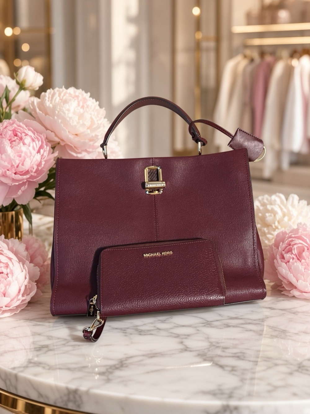 Michael Kors Plum Leather Satchel with Matching Wristlet